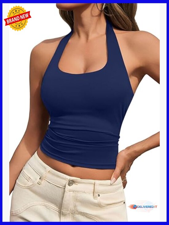 Tops - Sexy Halter Neck Backless Tank Top Double-Lined Bust Stretch Fabric